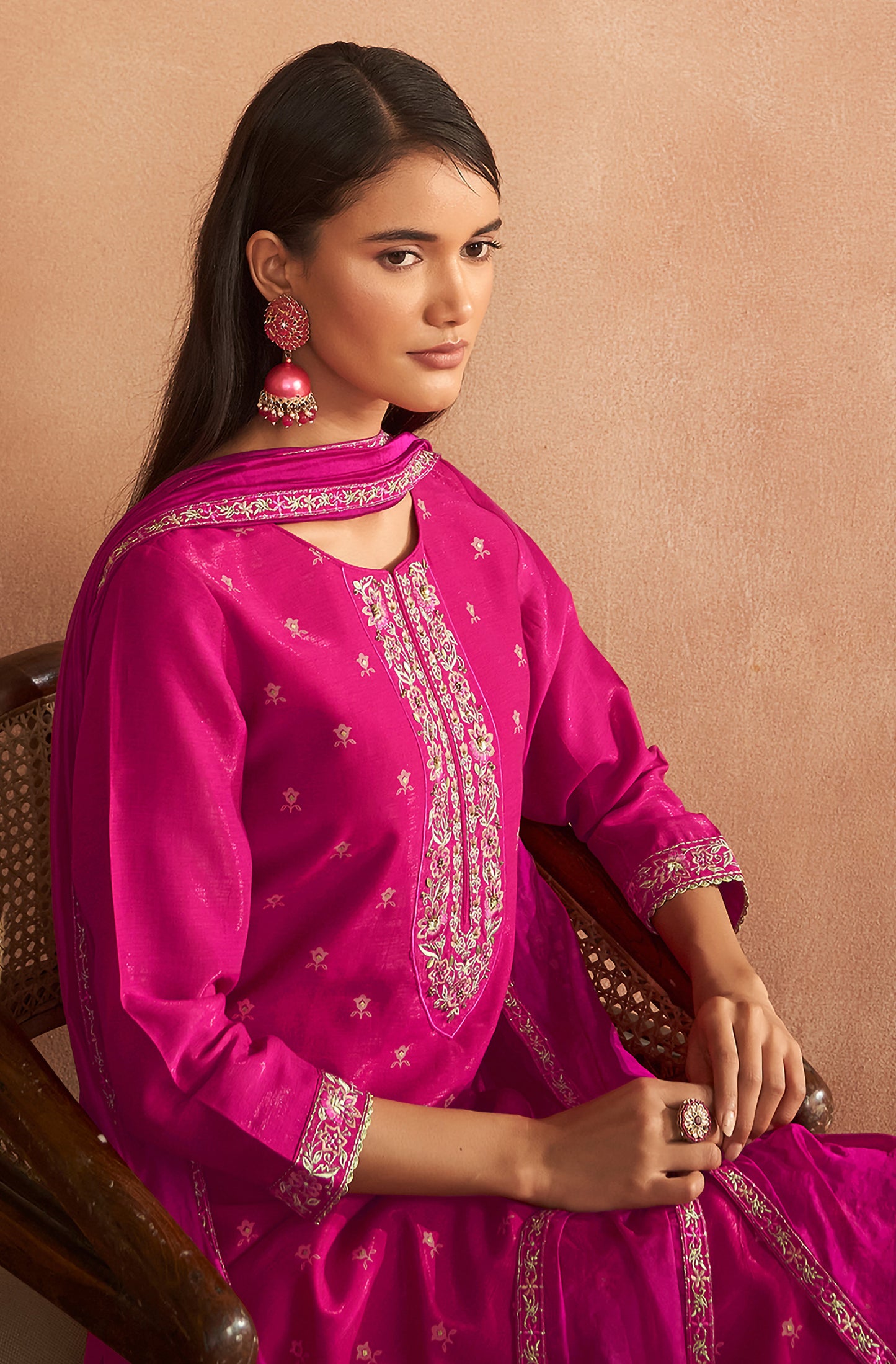 Pink Viscose Embroidered Straight Kurta Set - House of Nari