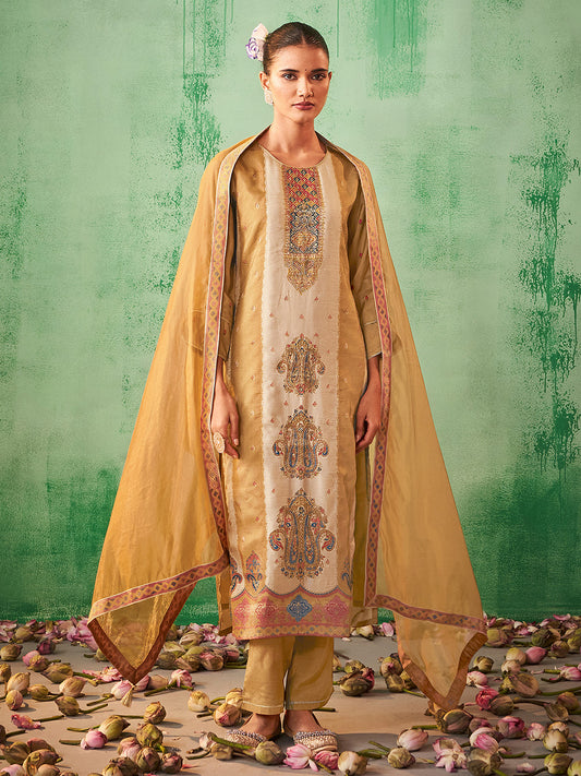 Beige Silk Blend Jacquard Straight Kurta Set - House of Nari
