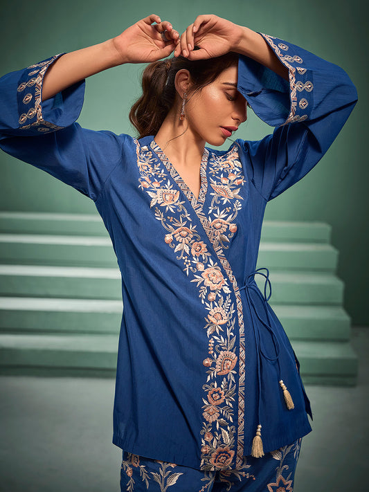 Blue Silk Blend Embroidered Wrap Style Co-Ord Set - House of Nari