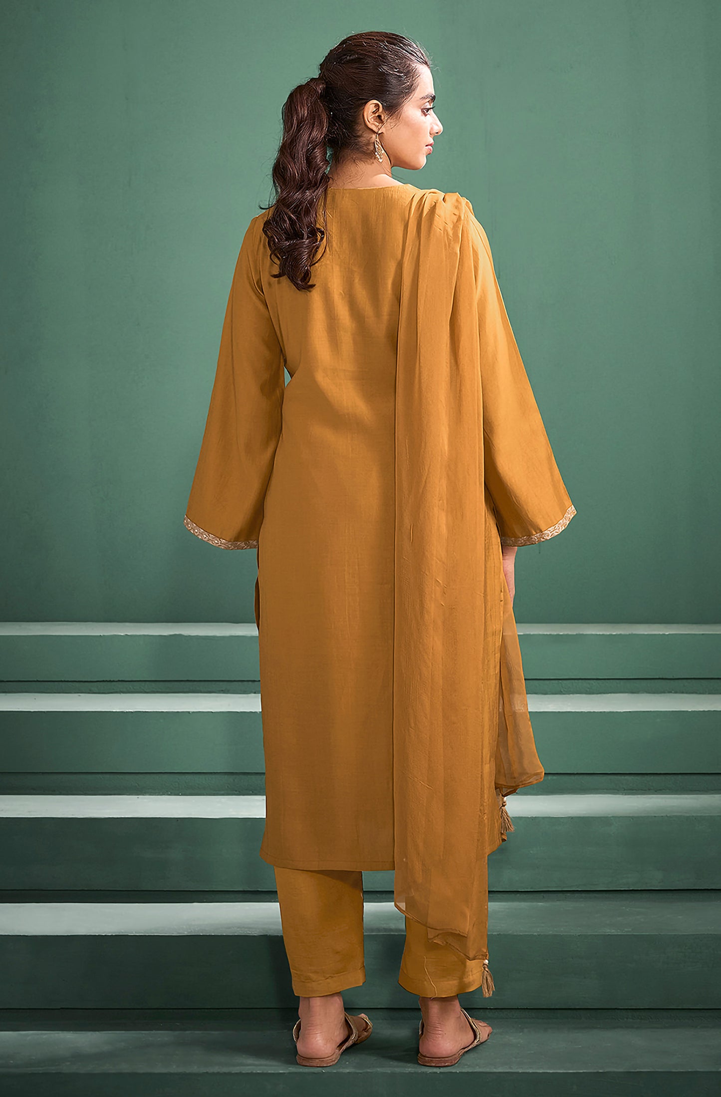 Mustard Silk Blend Embroidered A-Line Kurta Set - House of Nari