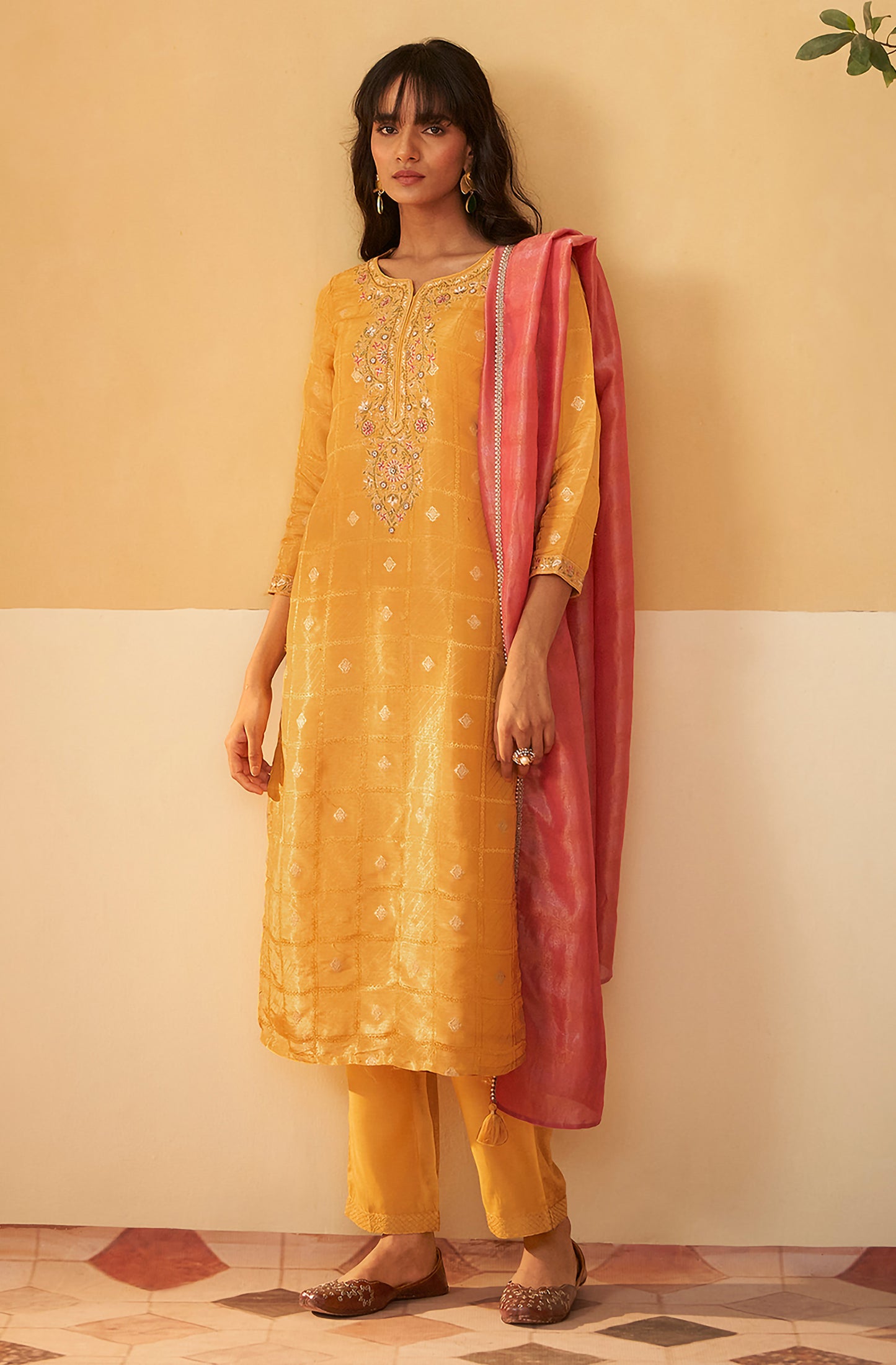 Mustard Tissue Silk Embroidered Brocade Straight Kurta Set - House of Nari