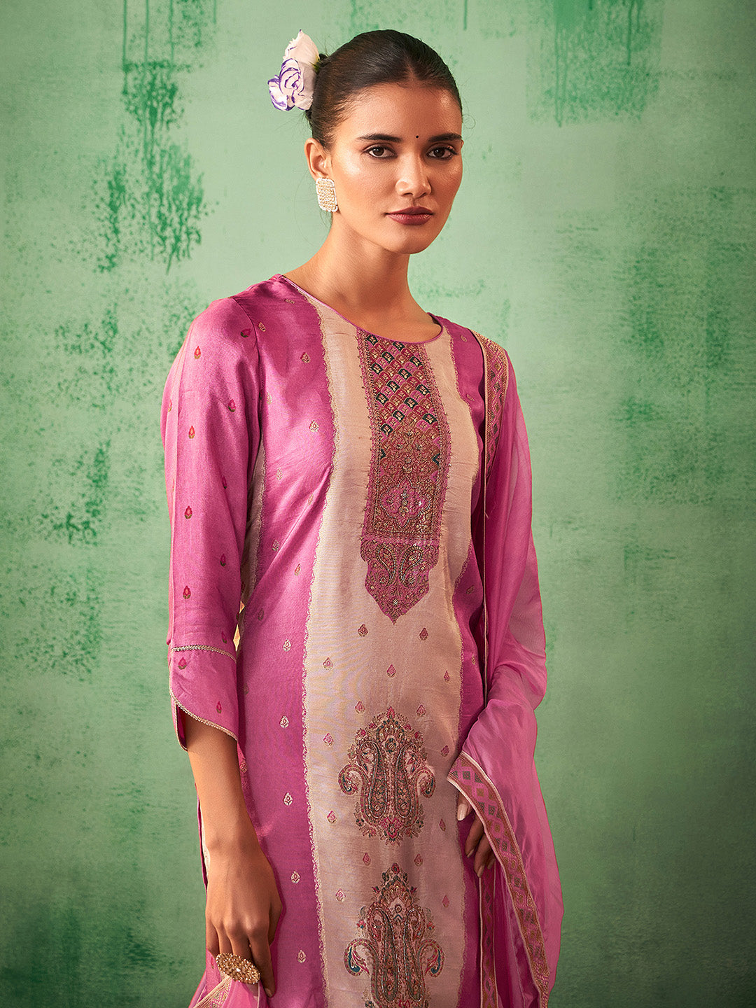 Pink Silk Blend Jacquard Straight Kurta Set - House of Nari