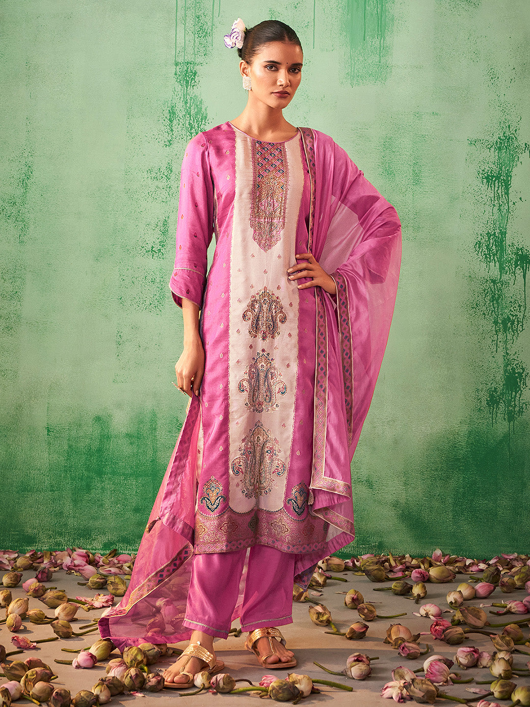 Pink Silk Blend Jacquard Straight Kurta Set - House of Nari
