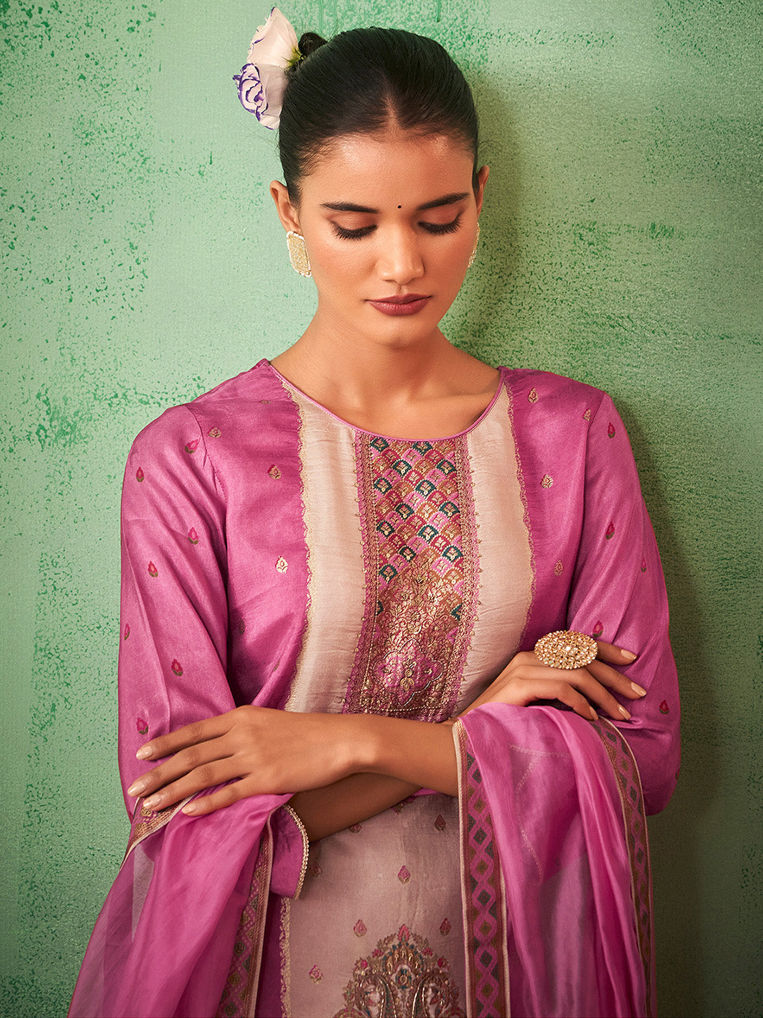 Pink Silk Blend Jacquard Straight Kurta Set - House of Nari