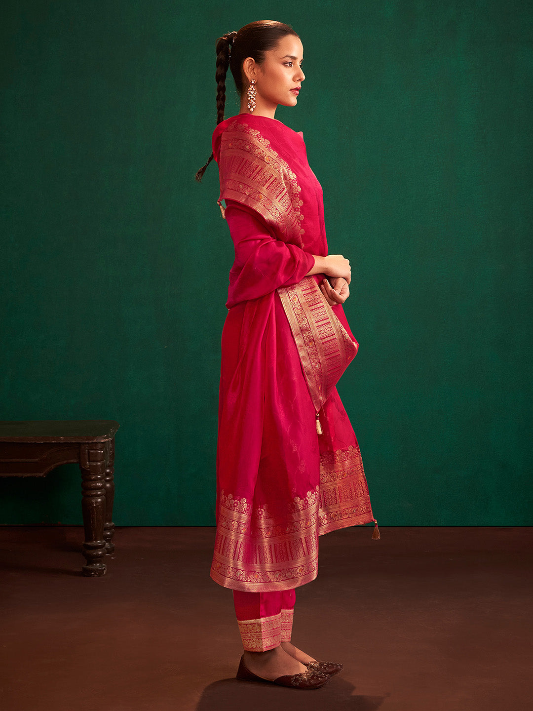 Red Silk Blend Jacquard Straight Kurta Set - House of Nari