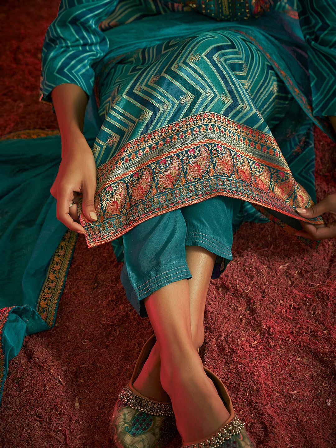 Turquoise Tissue Silk Chevron Jacquard Straight Kurta Set - House of Nari