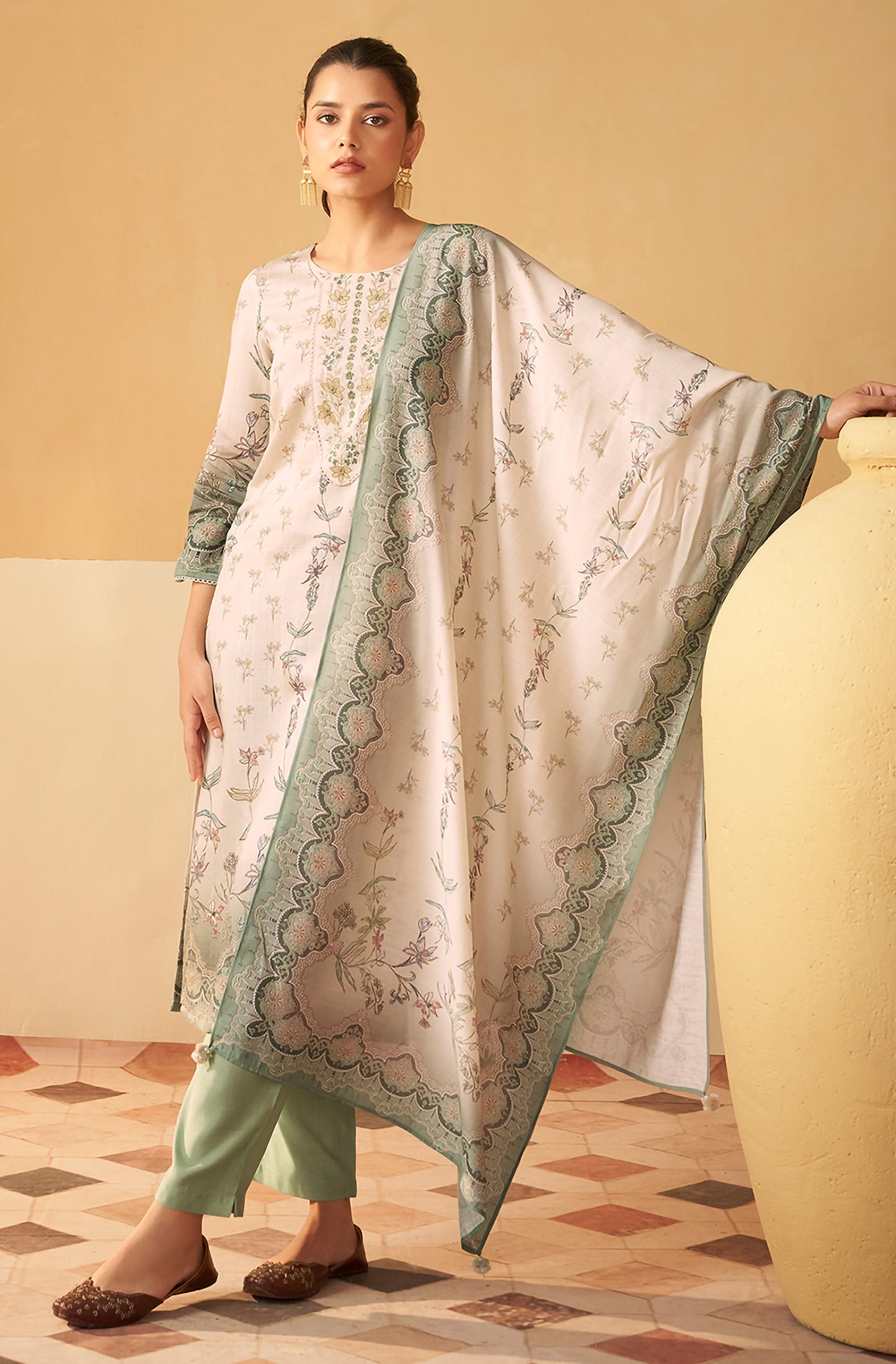 Cream Viscose Floral Embroidered Straight Kurta Set - House of Nari