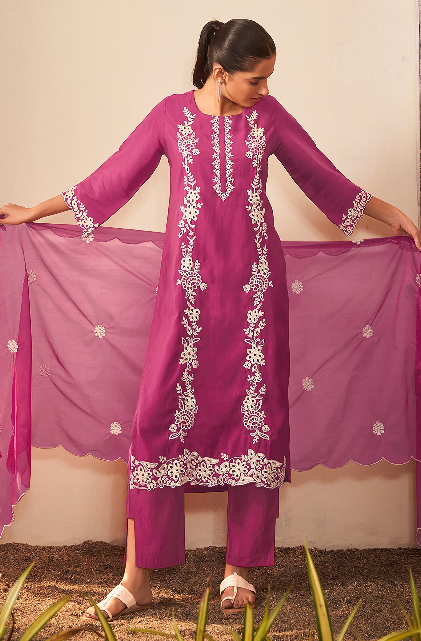 Magenta Silk Blend Schiffli Embroidered Straight Kurta Set - House of Nari