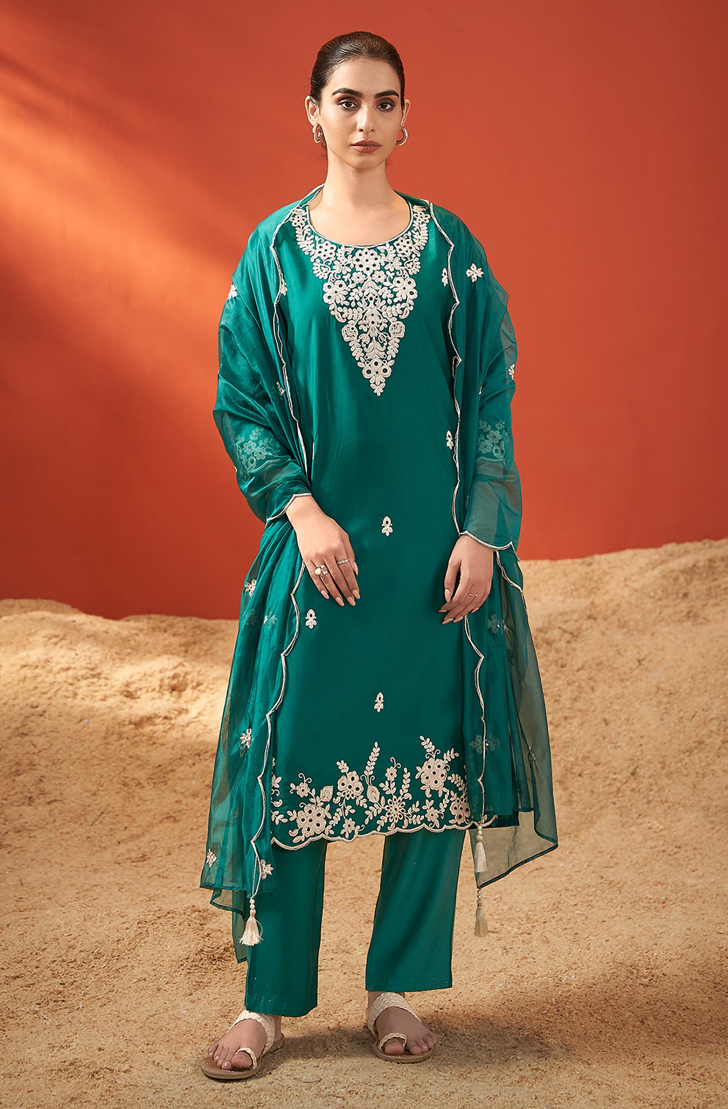Green Silk Blend Schiffli Embroidered Straight Kurta Set - House of Nari