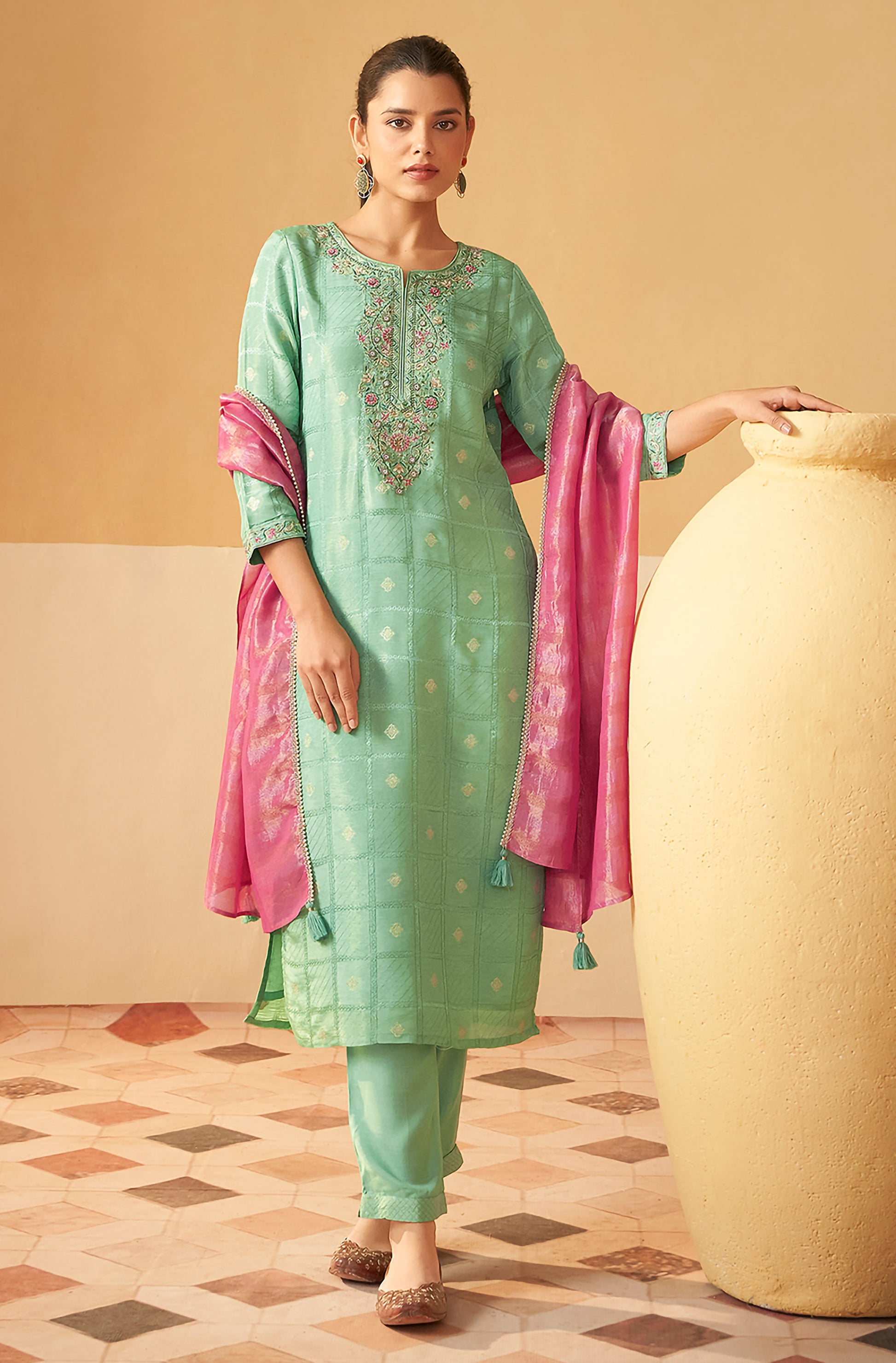 Light Green Tissue Silk Brocade Embroidered Straight Kurta Set - House of Nari