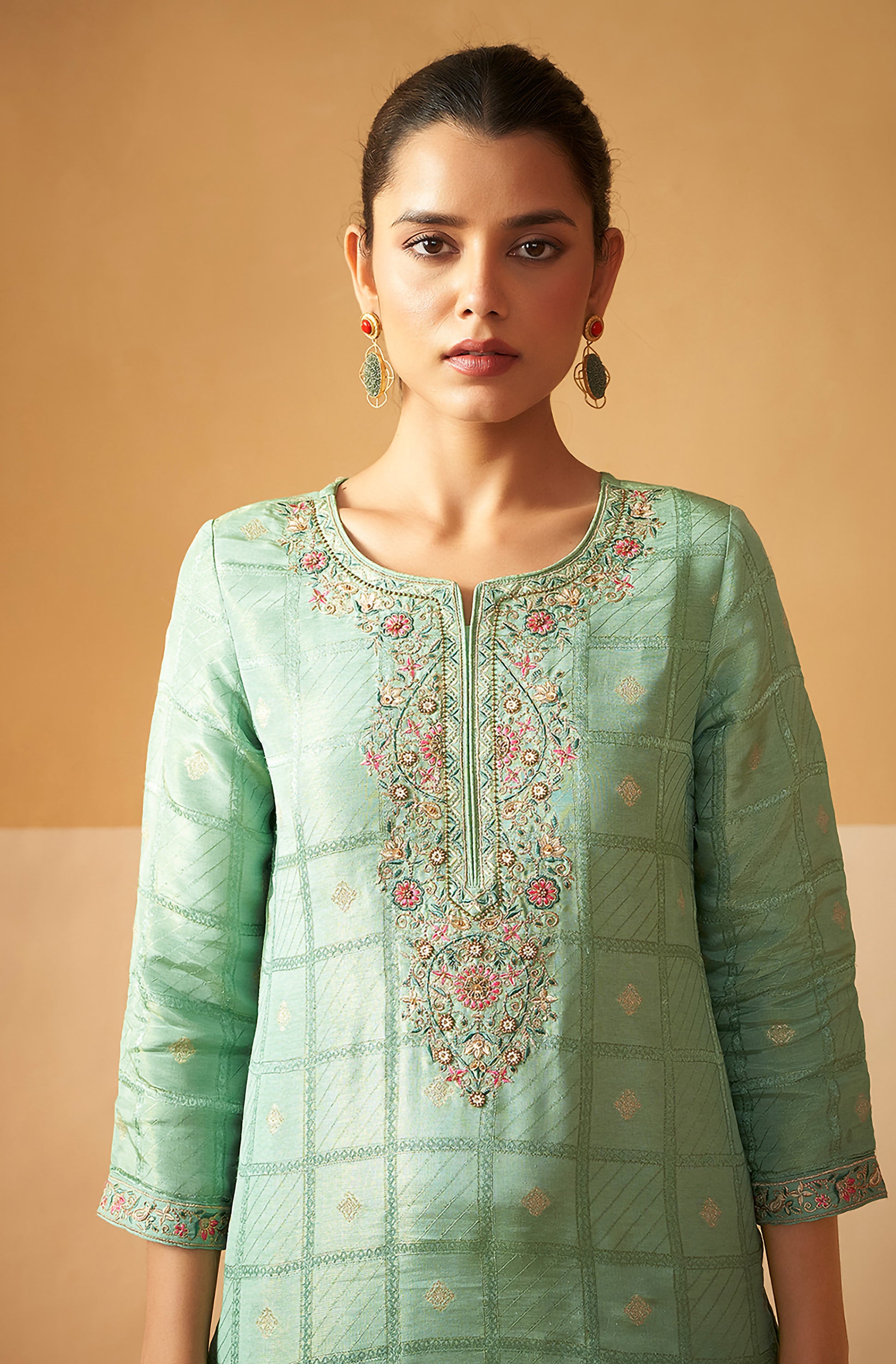 Light Green Tissue Silk Brocade Embroidered Straight Kurta Set - House of Nari