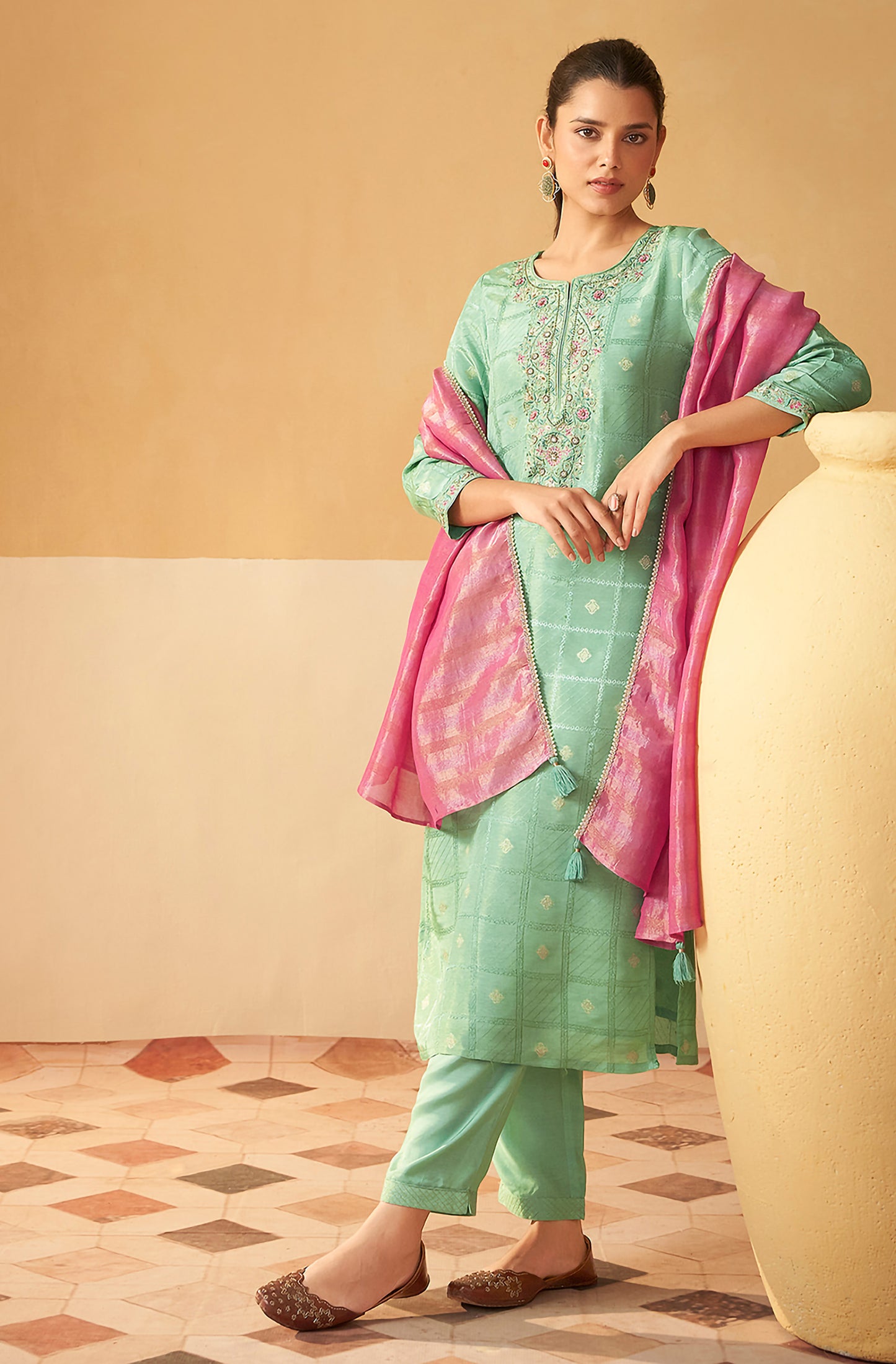 Light Green Tissue Silk Brocade Embroidered Straight Kurta Set - House of Nari