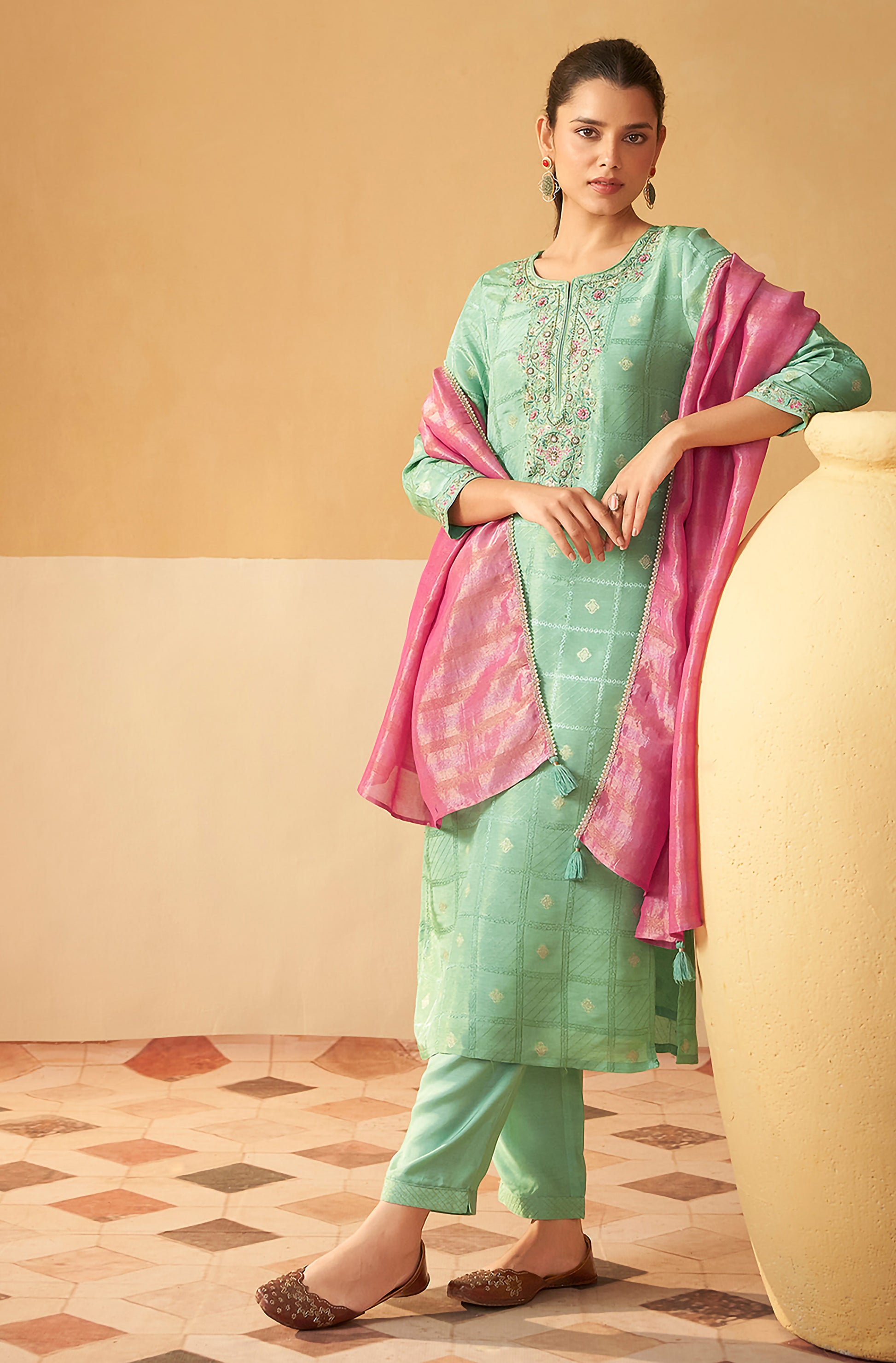 Light Green Tissue Silk Brocade Embroidered Straight Kurta Set - House of Nari