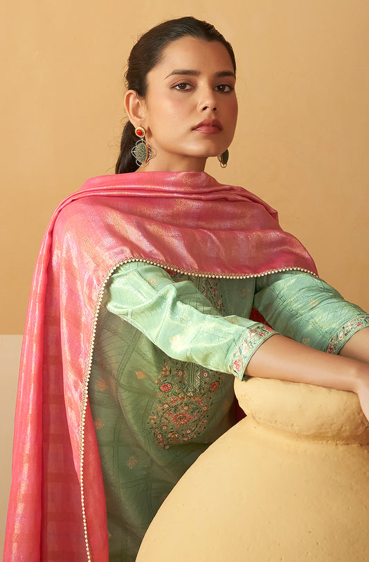 Light Green Tissue Silk Brocade Embroidered Straight Kurta Set - House of Nari