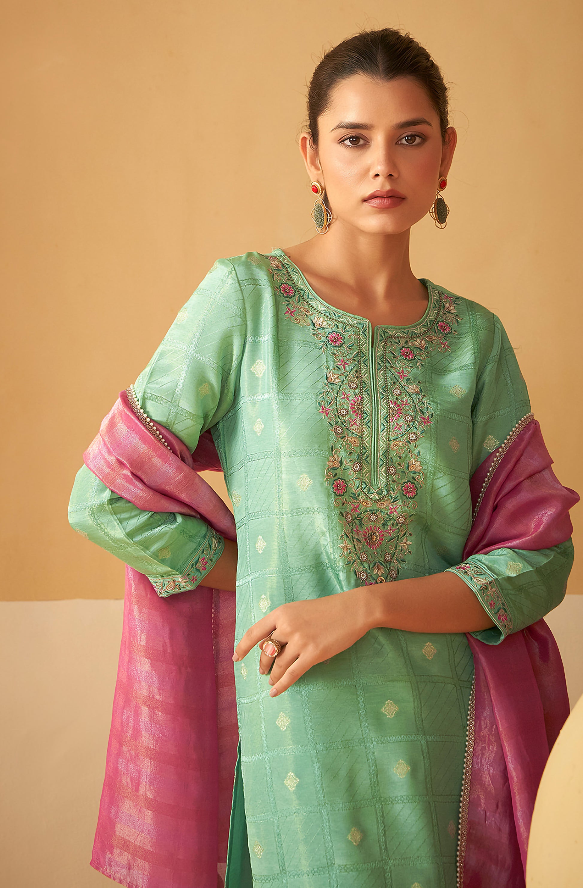 Light Green Tissue Silk Brocade Embroidered Straight Kurta Set - House of Nari