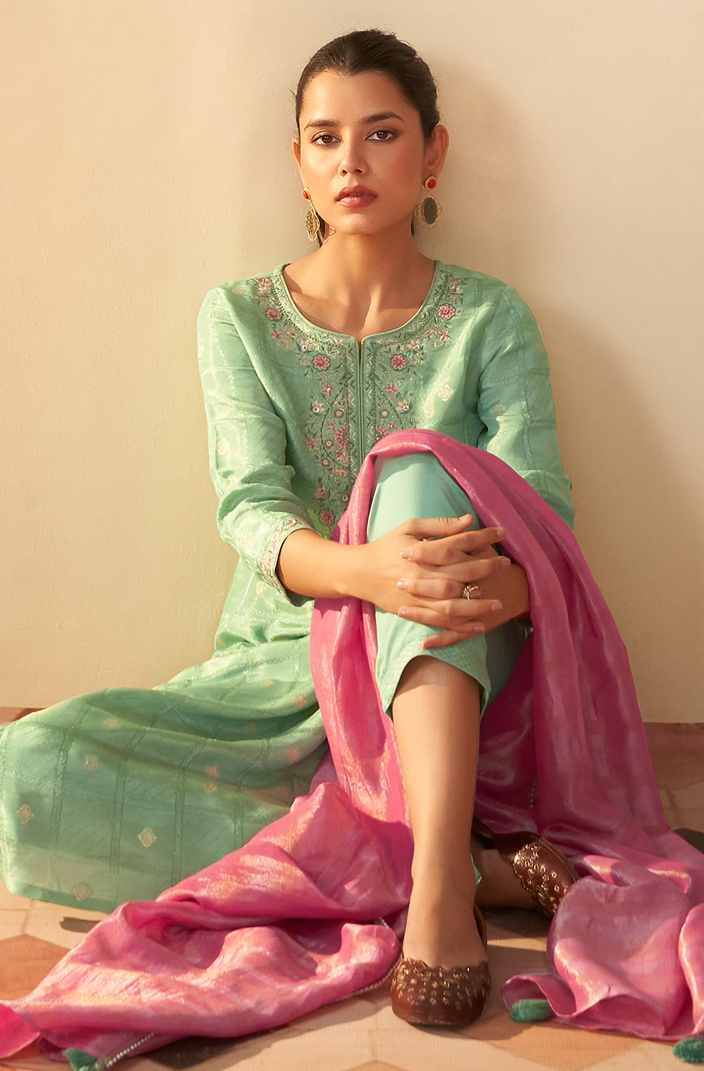 Light Green Tissue Silk Brocade Embroidered Straight Kurta Set - House of Nari