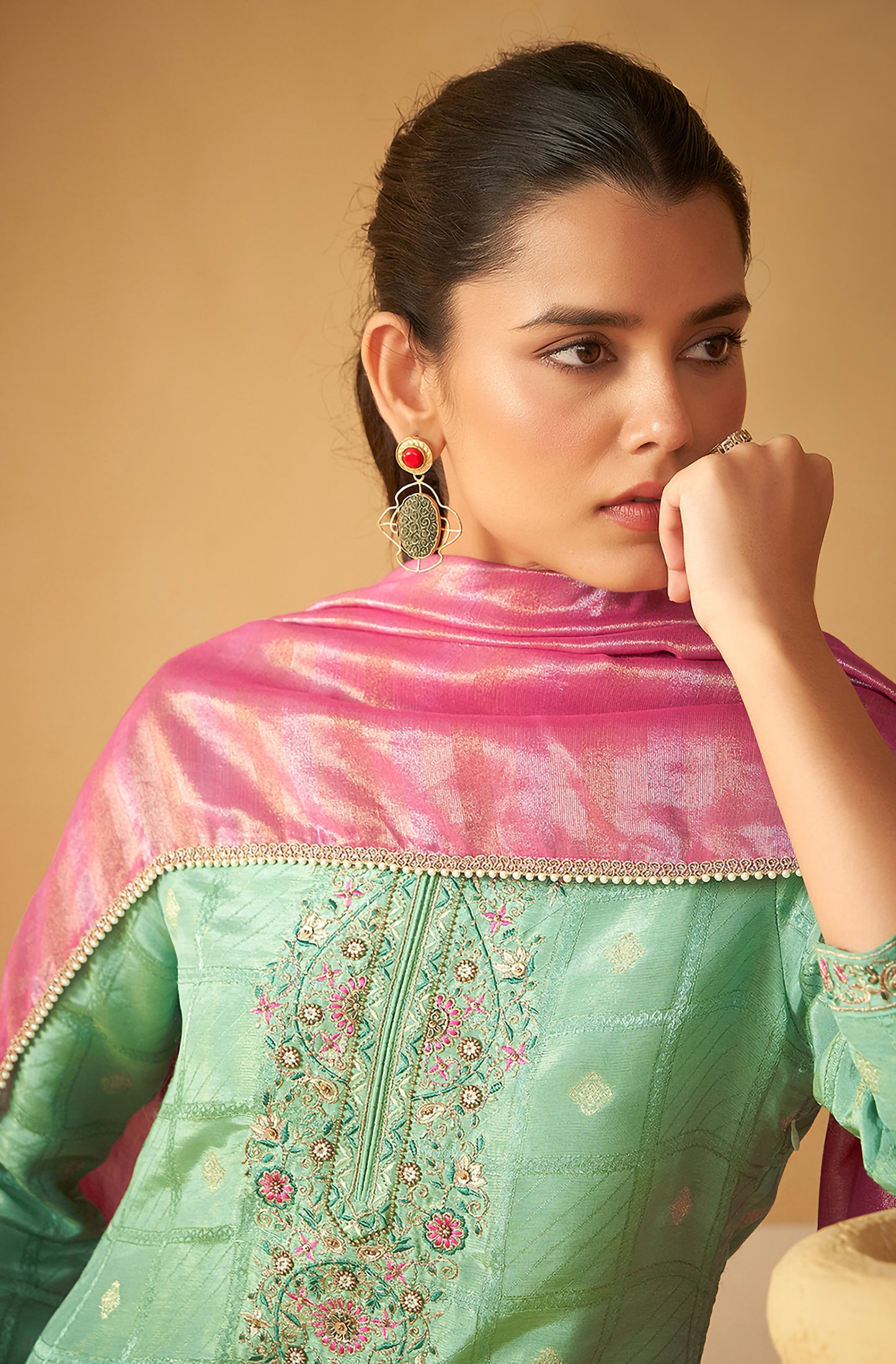 Light Green Tissue Silk Brocade Embroidered Straight Kurta Set - House of Nari