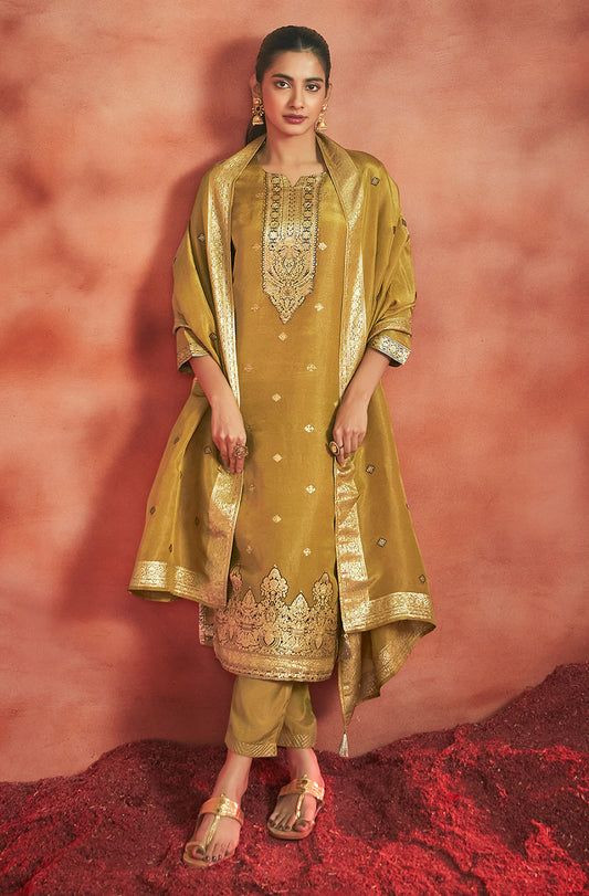 Mustard Tissue Silk Jacquard Straight Shape Kurta with Viscose Bottom and an Organza Dupatta - House of Nari