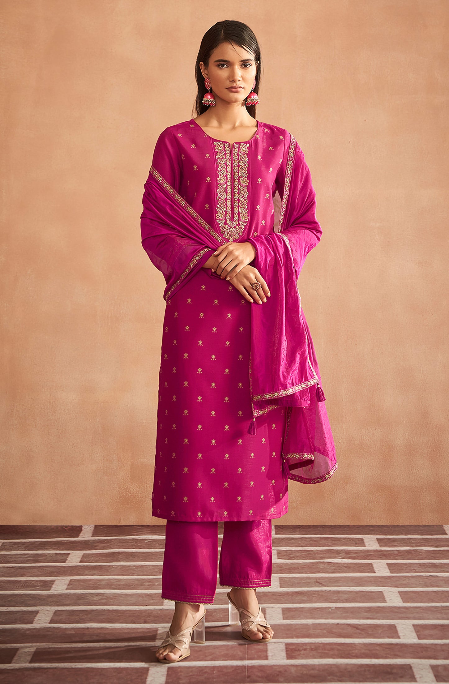 Pink Viscose Embroidered Straight Kurta Set - House of Nari