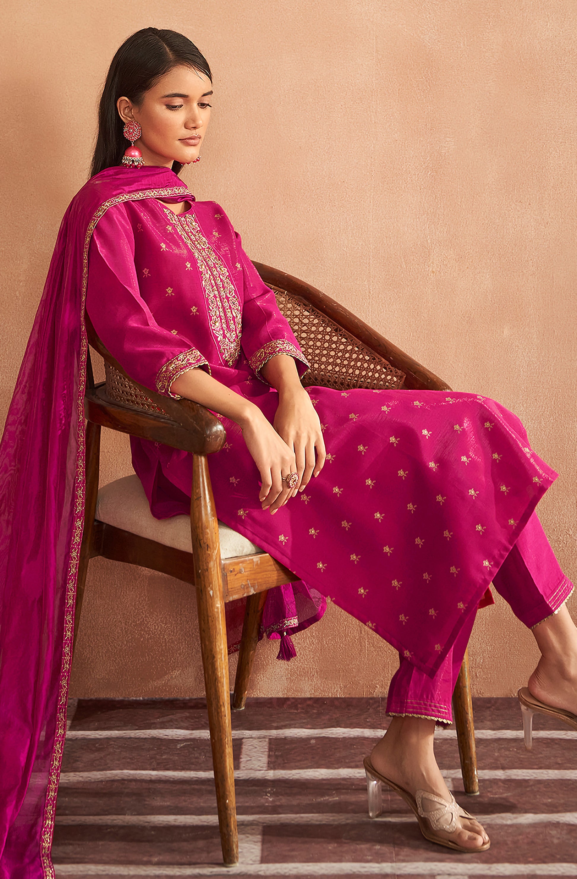 Pink Viscose Embroidered Straight Kurta Set - House of Nari