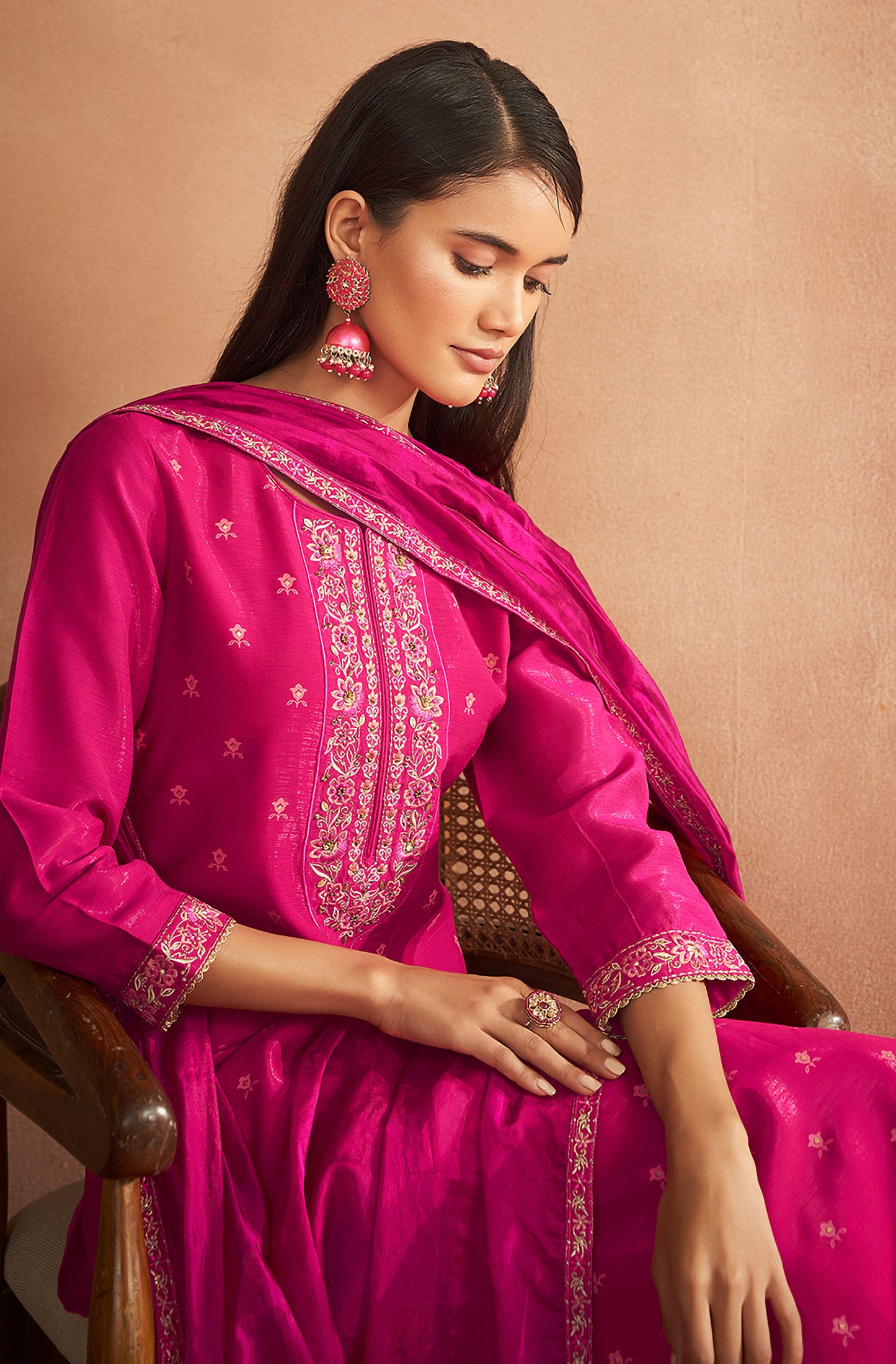 Pink Viscose Embroidered Straight Kurta Set - House of Nari