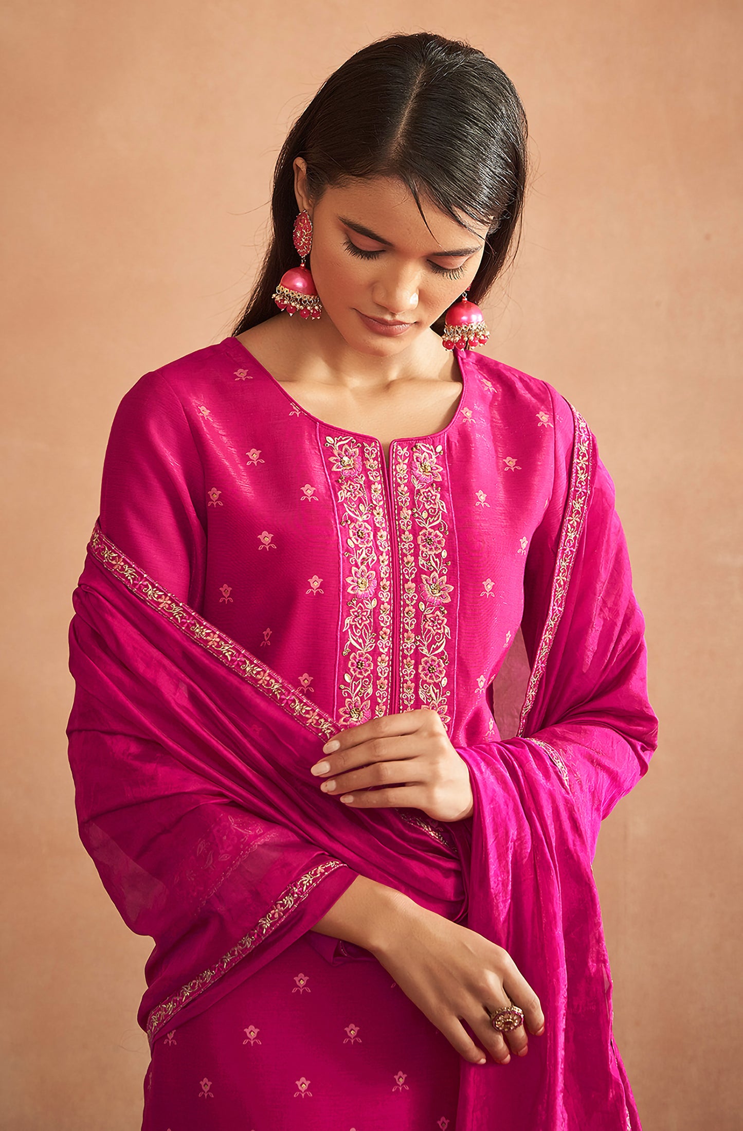 Pink Viscose Embroidered Straight Kurta Set - House of Nari