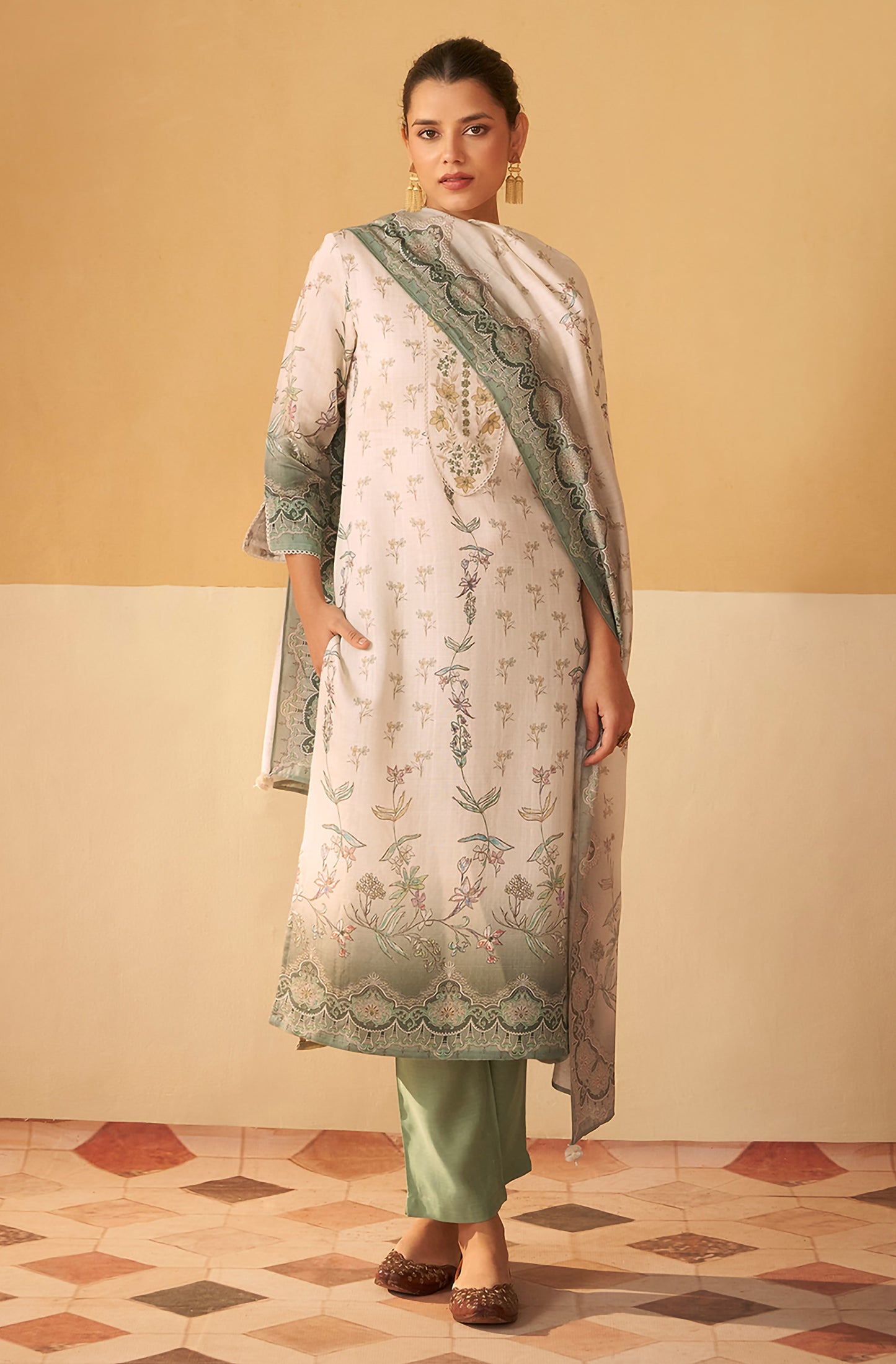 Cream Viscose Floral Embroidered Straight Kurta Set - House of Nari