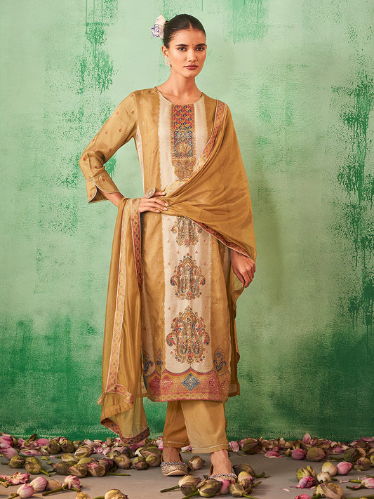 Beige Silk Blend Jacquard Straight Kurta Set - House of Nari