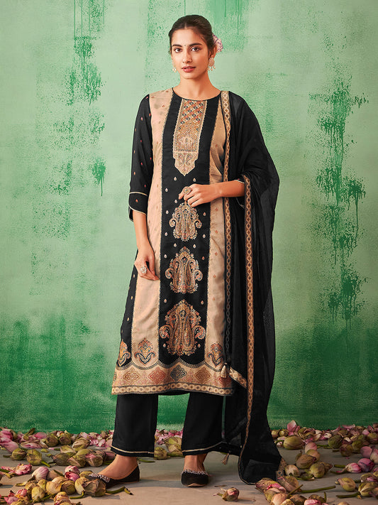 Black Silk Blend Jacquard Straight Kurta Set - House of Nari