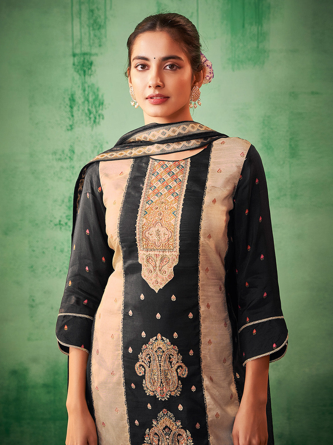 Black Silk Blend Jacquard Straight Kurta Set - House of Nari