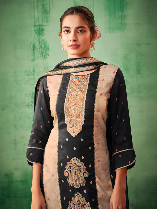 Black Silk Blend Jacquard Straight Kurta Set - House of Nari