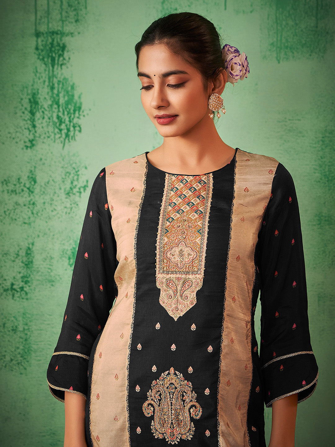 Black Silk Blend Jacquard Straight Kurta Set - House of Nari