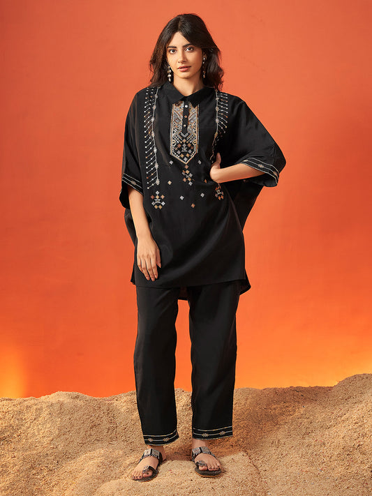 Black Viscose Embroidered Kaftan Kurta Set - House of Nari