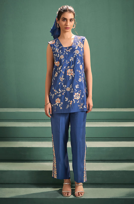 Blue Chanderi Silk Embroidered Straight Kurta Set - House of Nari