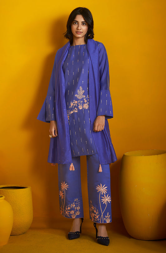 Blue Silk Blend Embroidered Straight Kurta Set - House of Nari