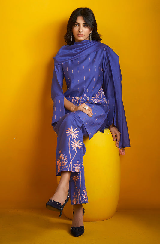 Blue Silk Blend Embroidered Straight Kurta Set - House of Nari