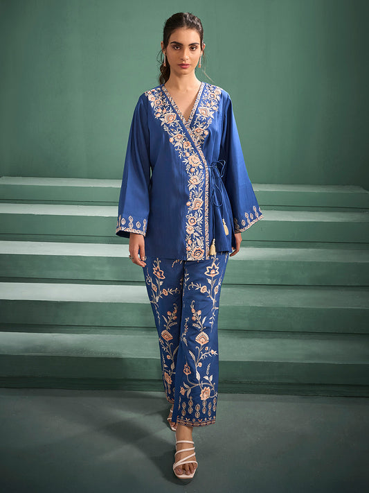 Blue Silk Blend Embroidered Wrap Style Co-Ord Set - House of Nari