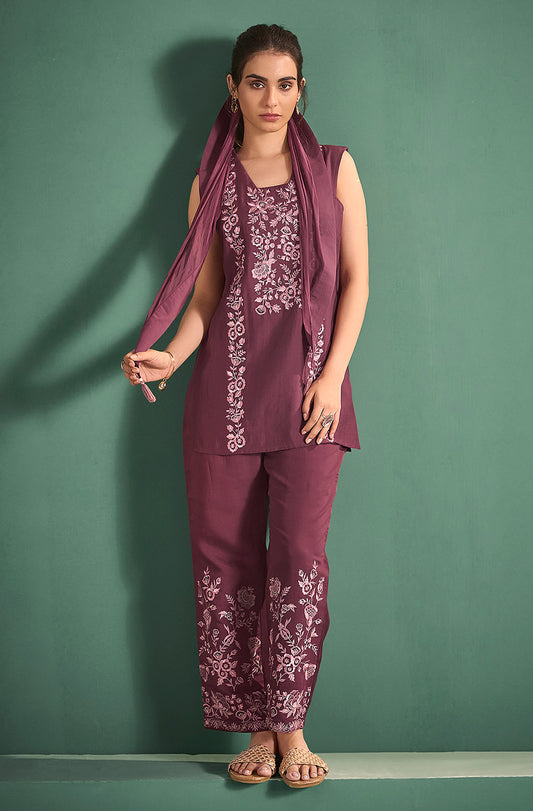 Burgundy Chanderi Silk Embroidered Straight Kurta Set - House of Nari