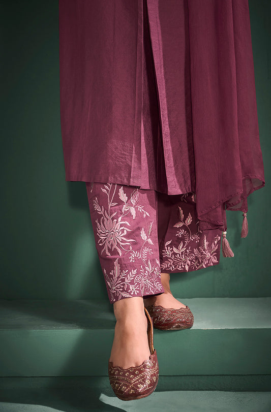 Burgundy Silk Blend Embroidered A-Line Kurta Set - House of Nari