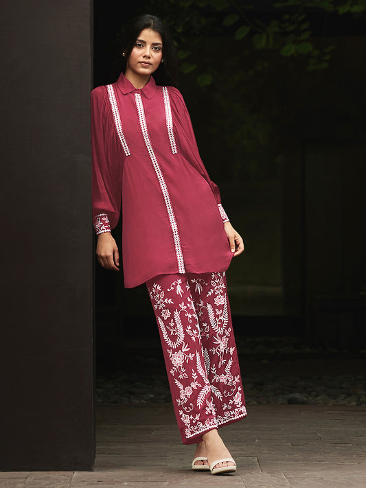 Coral Chiffon Mirror Work Embroidered Co-Ord Set - House of Nari