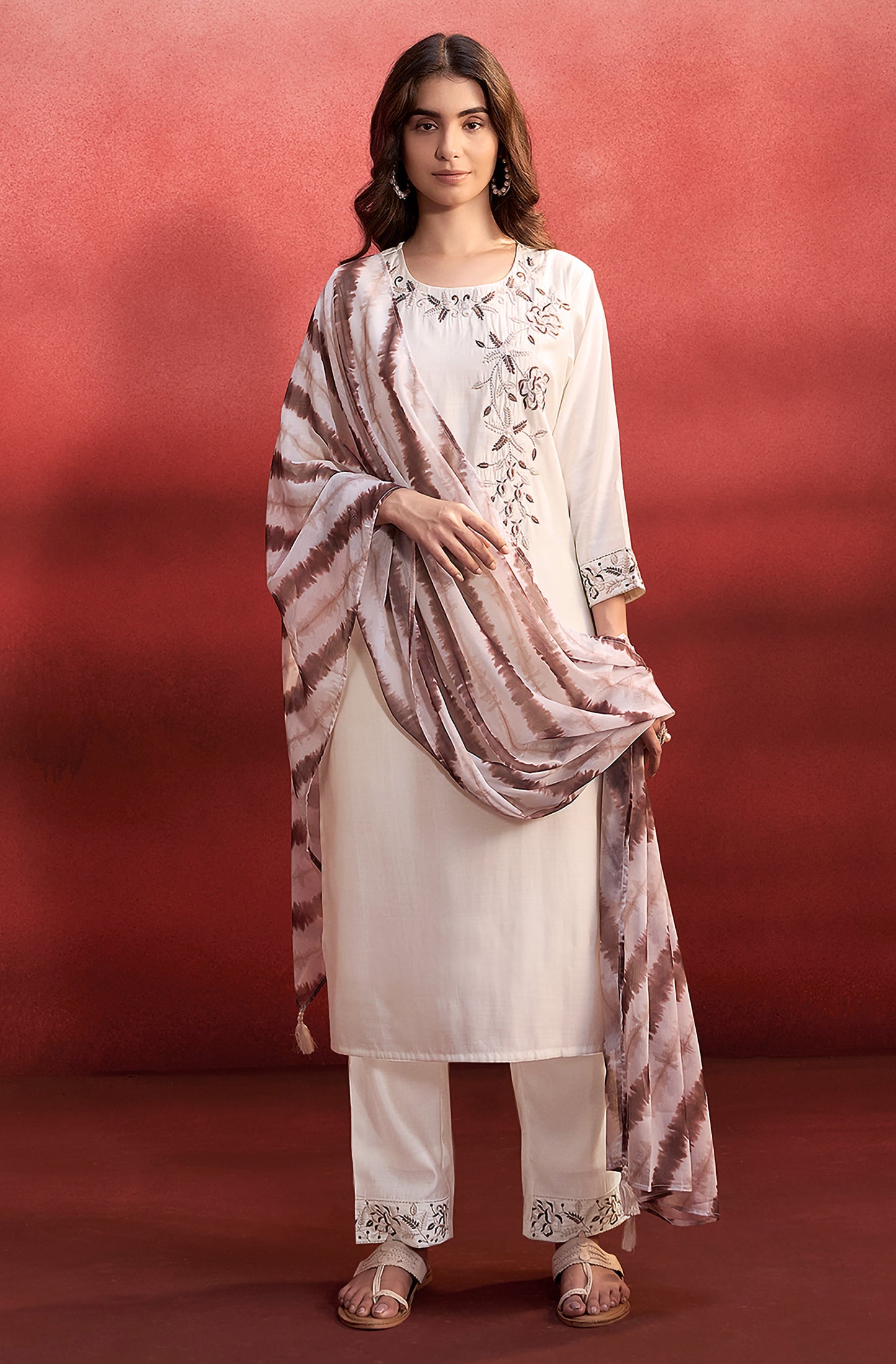 Cream Silk Blend Embroidered Straight Kurta Set - House of Nari