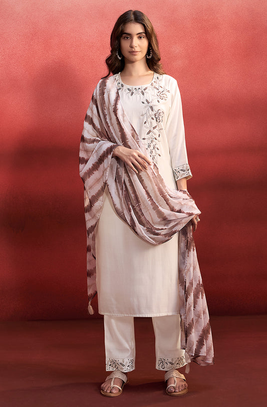 Cream Silk Blend Embroidered Straight Kurta Set - House of Nari