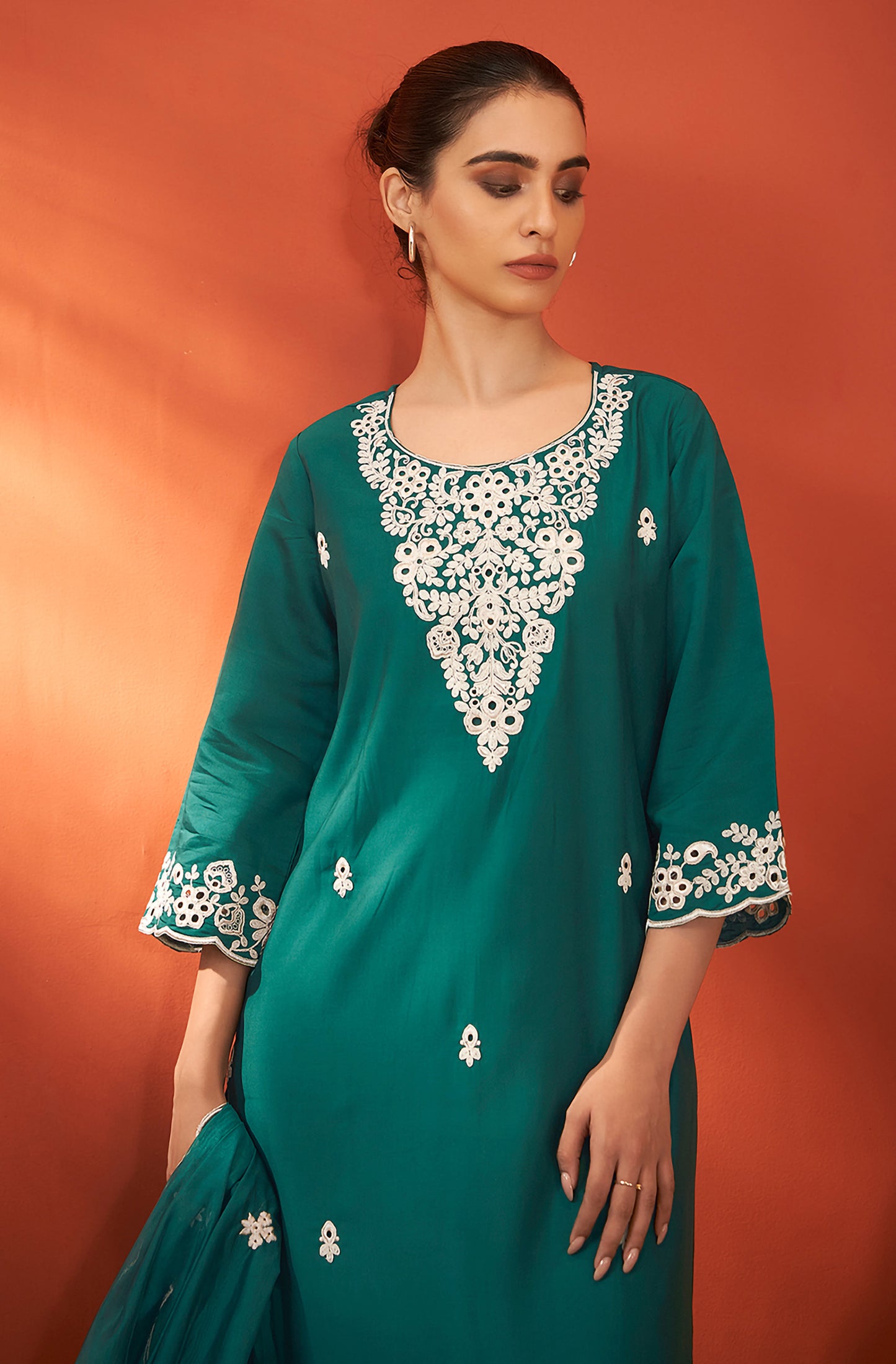 Green Silk Blend Schiffli Embroidered Straight Kurta Set - House of Nari