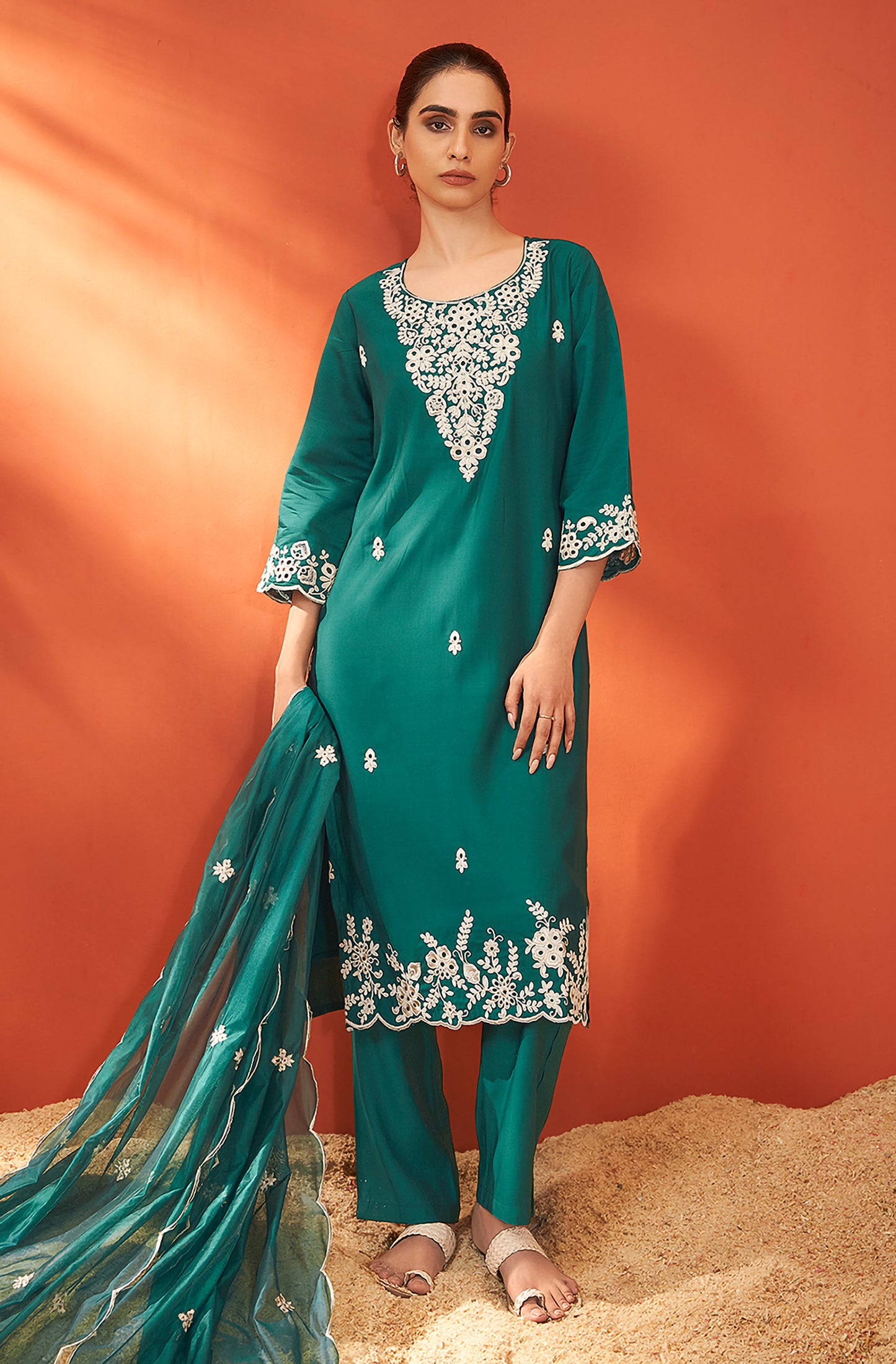 Green Silk Blend Schiffli Embroidered Straight Kurta Set - House of Nari