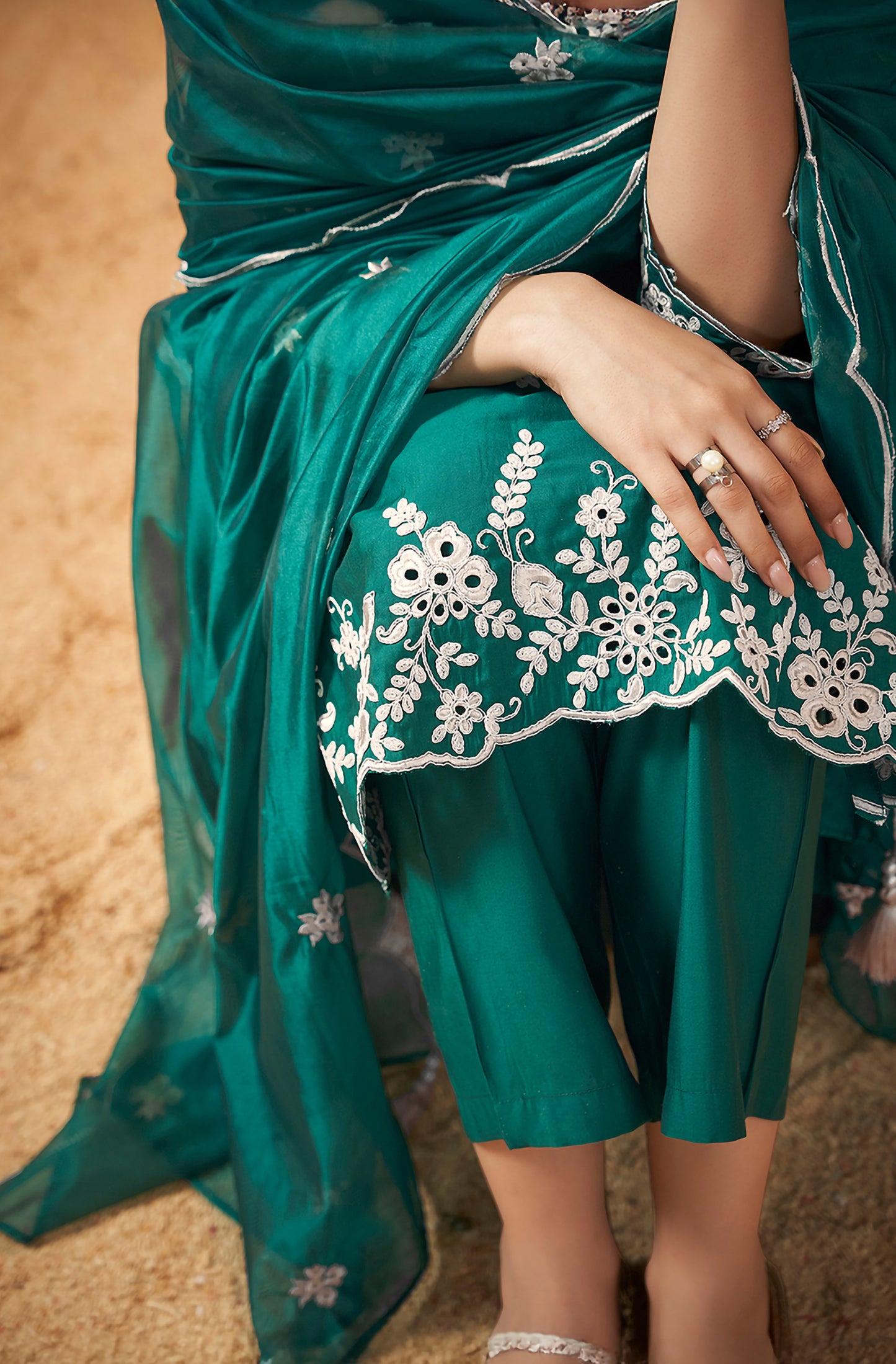 Green Silk Blend Schiffli Embroidered Straight Kurta Set - House of Nari