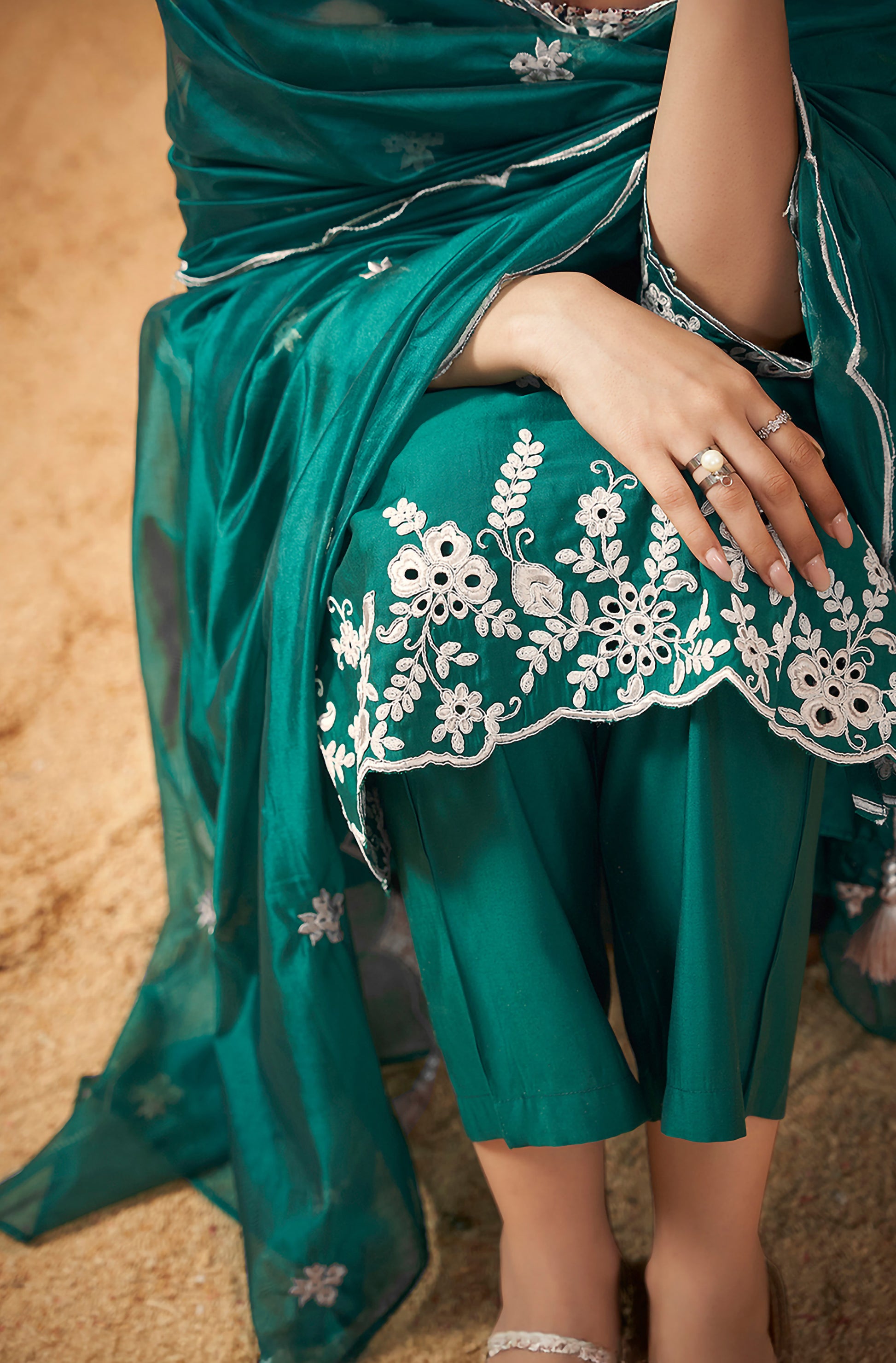 Green Silk Blend Schiffli Embroidered Straight Kurta Set - House of Nari