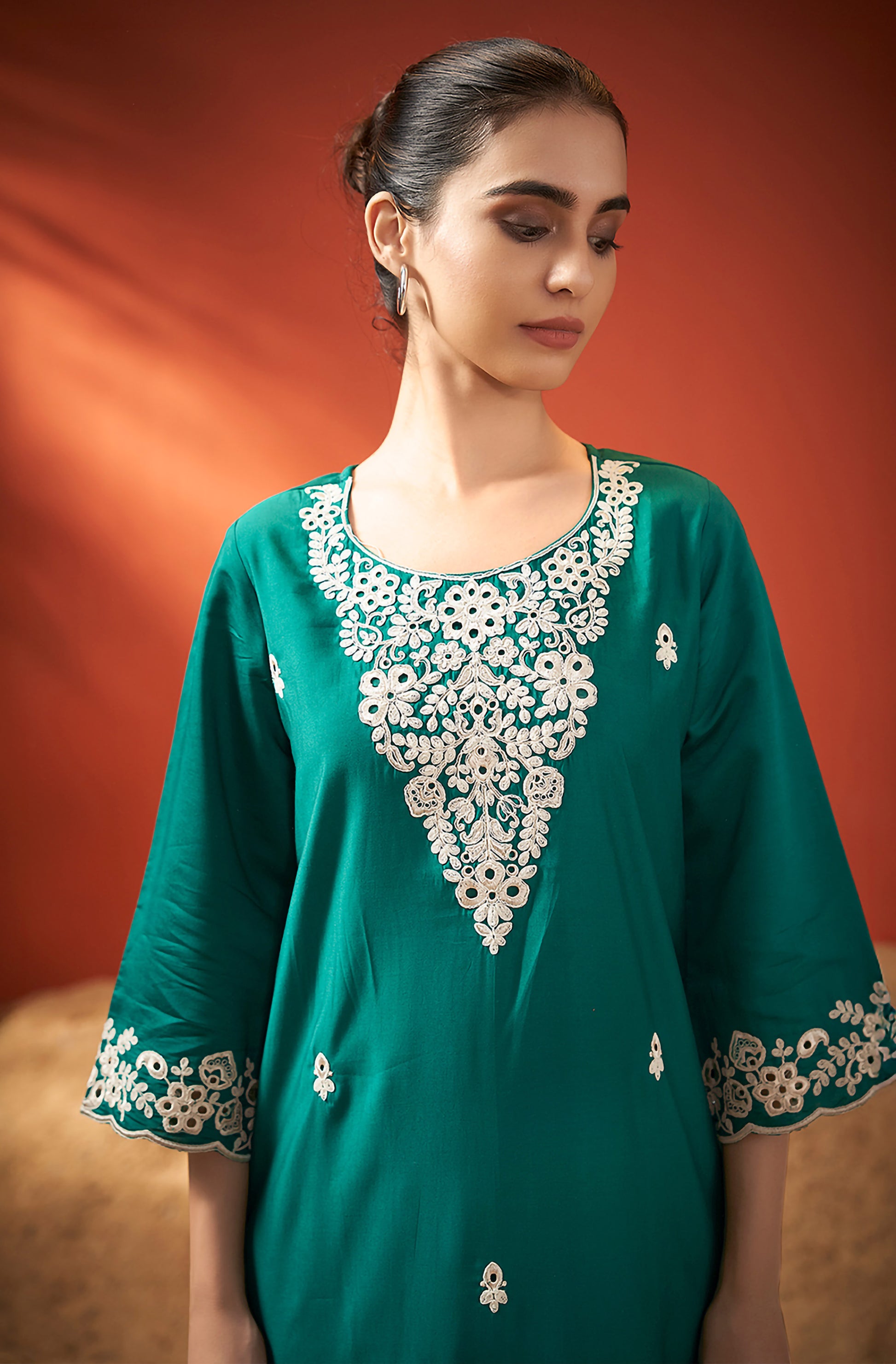 Green Silk Blend Schiffli Embroidered Straight Kurta Set - House of Nari