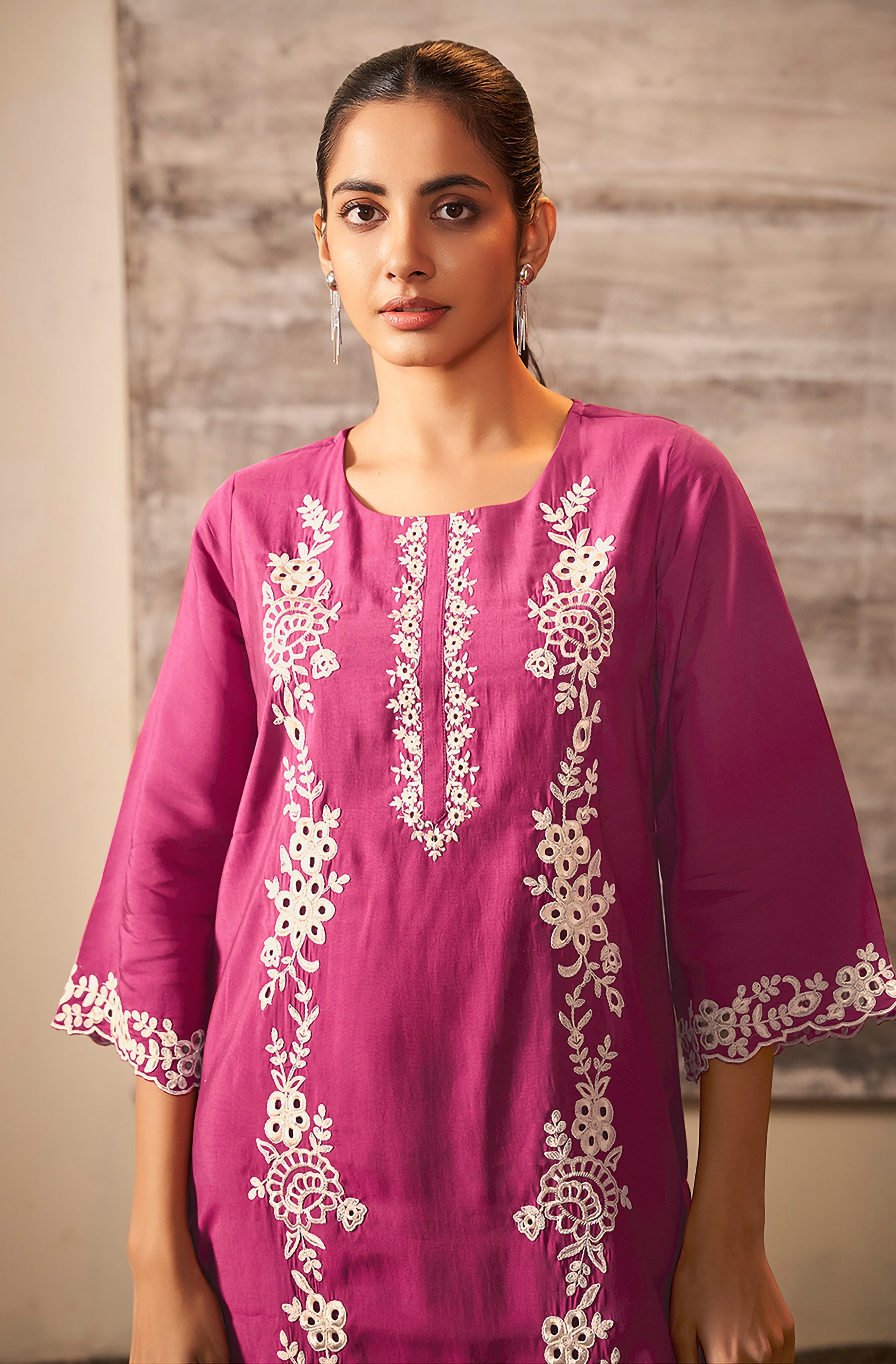 Magenta Silk Blend Schiffli Embroidered Straight Kurta Set - House of Nari