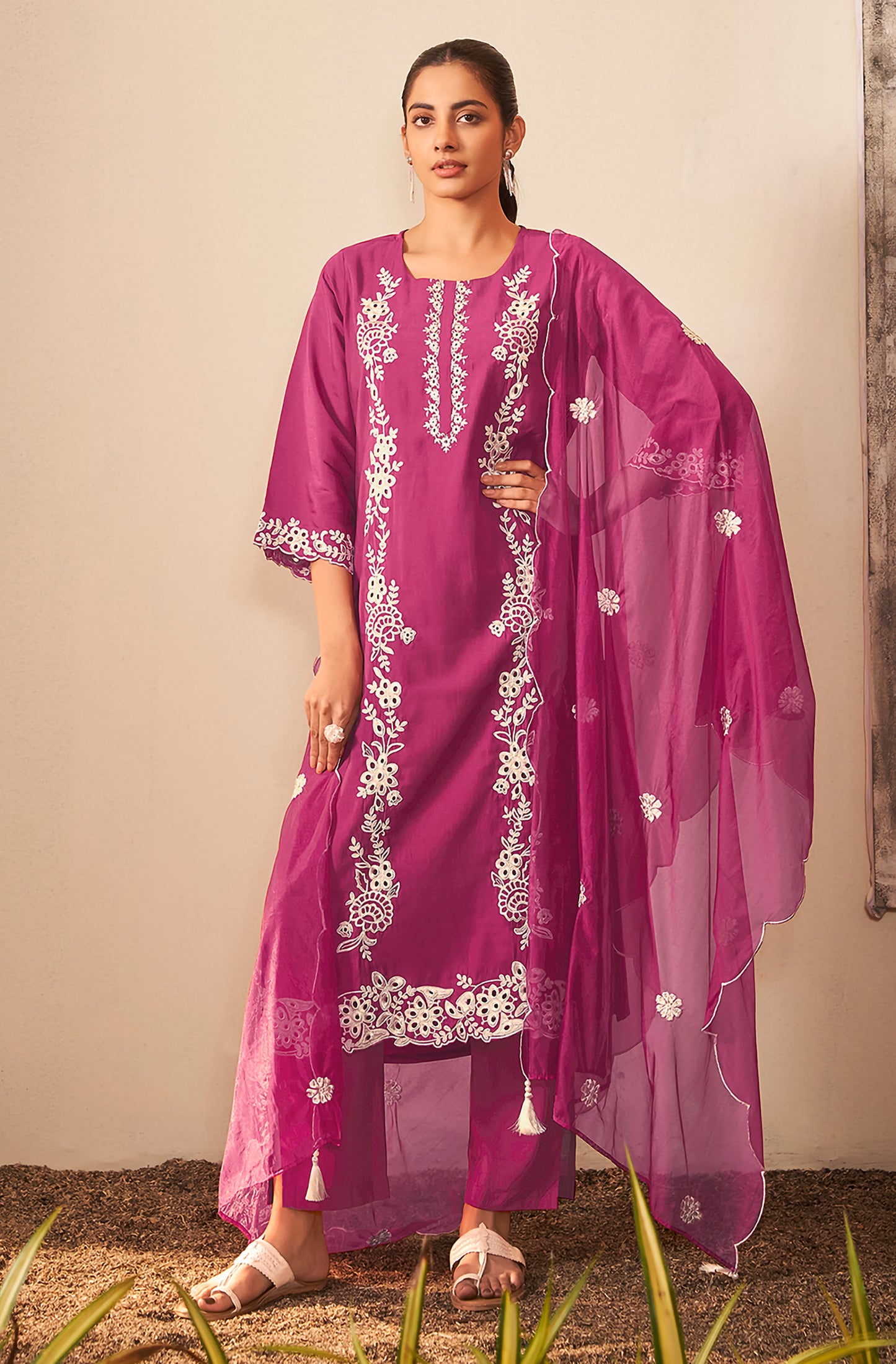 Magenta Silk Blend Schiffli Embroidered Straight Kurta Set - House of Nari