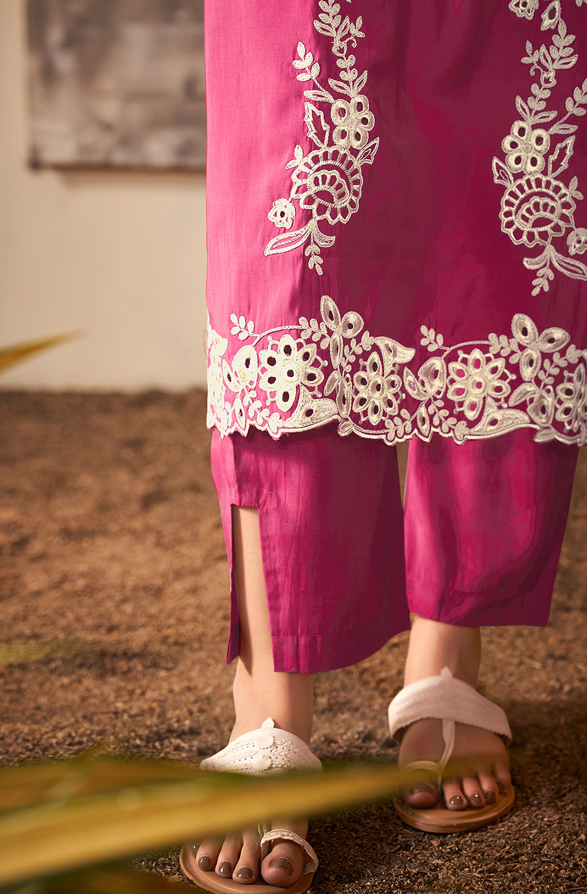 Magenta Silk Blend Schiffli Embroidered Straight Kurta Set - House of Nari